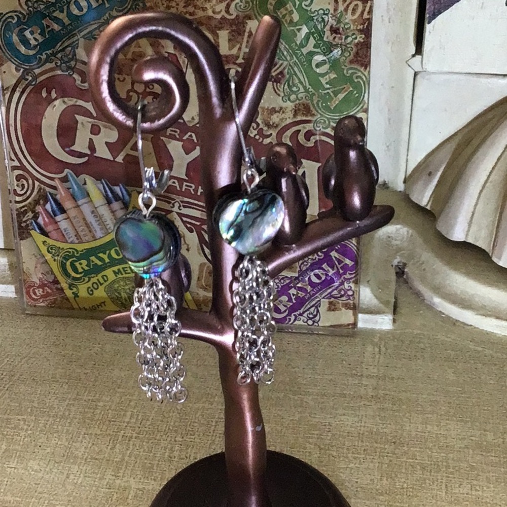 Beautiful Handmade Abalone Heart Earrings with Chain Tassels